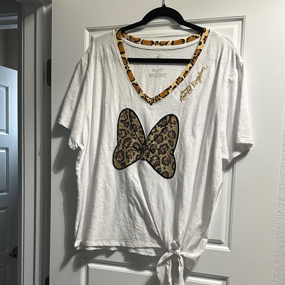 Disney Animal Kingdom Leopard Print Minnie Bow Tie Front Shirt